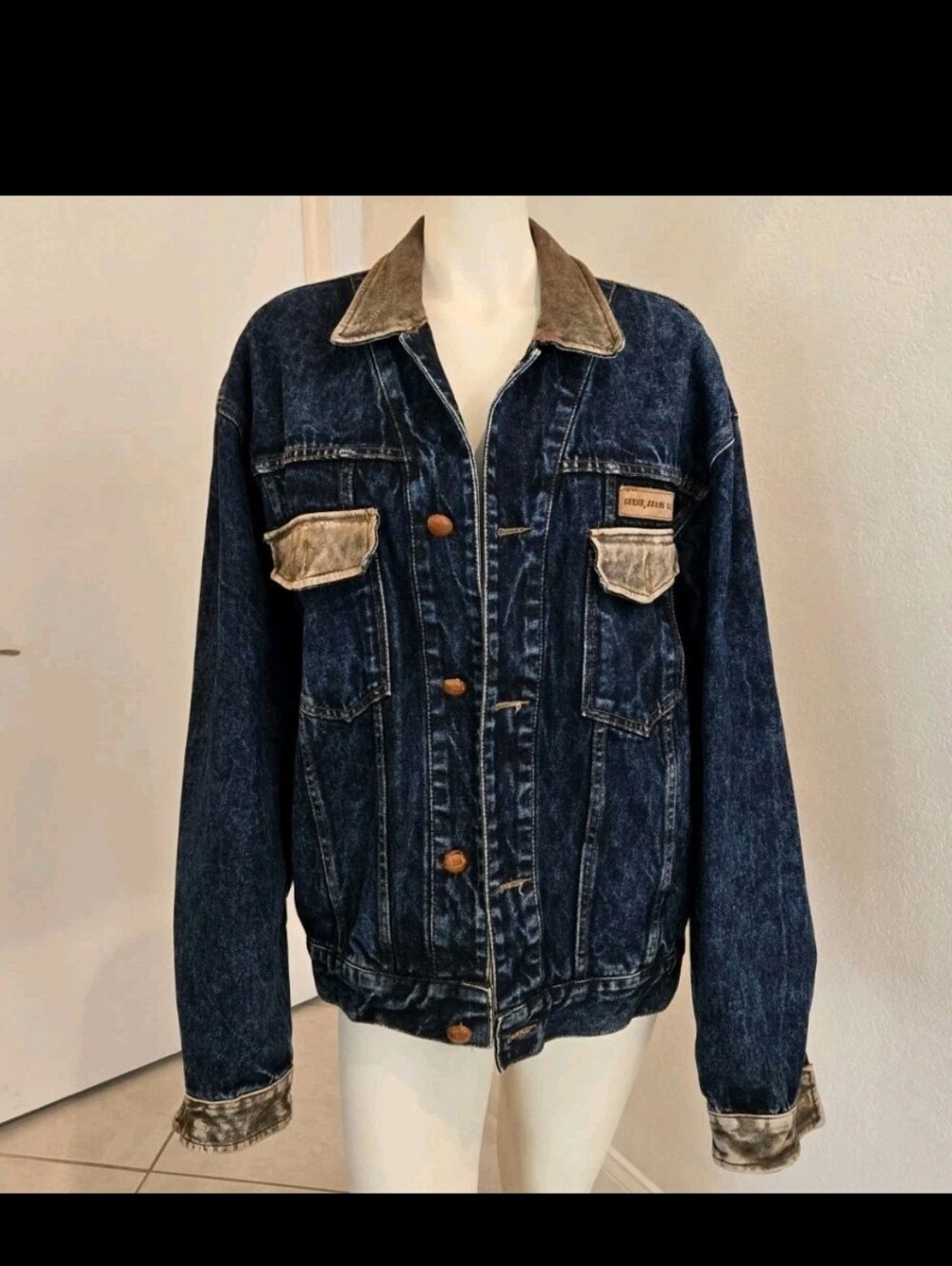 Rare Vintage 1990s GUESS Georges Marciano Mens Leather Trim Denim Bomber Jacket